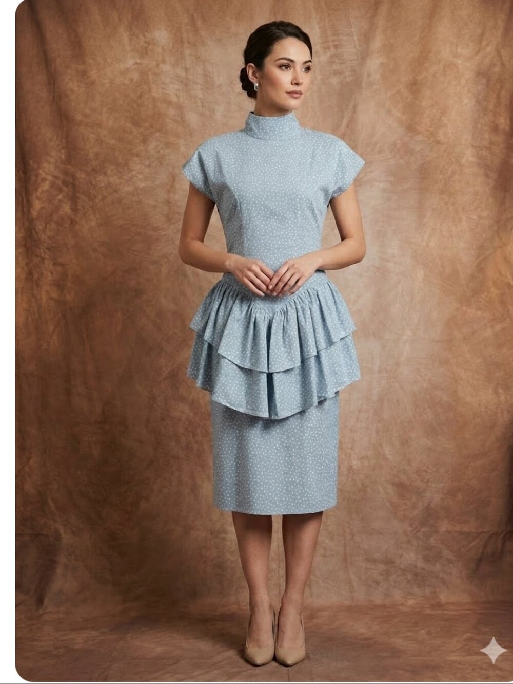 VTG Patty O’Neil Light Blue Floral Peplum Midi Dress size 4 NWT